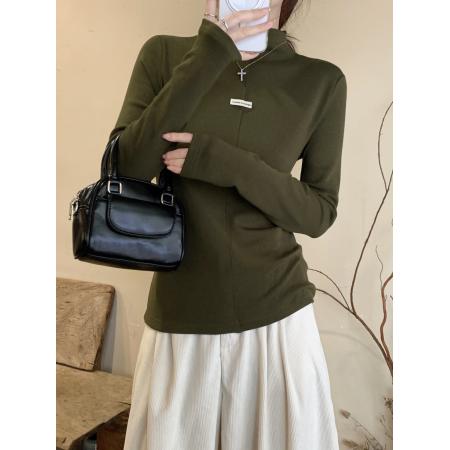 FA51855# 韩系半高领贴牌小标长袖t恤女冬季新款磨毛薄绒休闲百搭打底上衣 服裝批發女裝批發服飾貨源