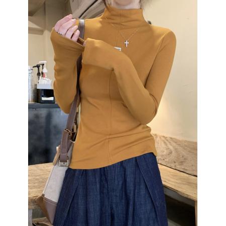 FA51855# 韩系半高领贴牌小标长袖t恤女冬季新款磨毛薄绒休闲百搭打底上衣 服裝批發女裝批發服飾貨源