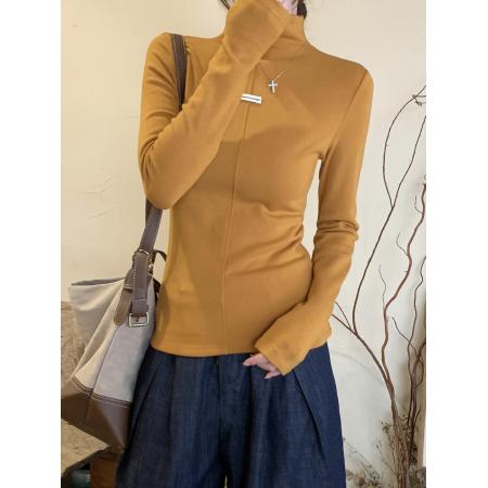 FA51855# 韩系半高领贴牌小标长袖t恤女冬季新款磨毛薄绒休闲百搭打底上衣 服裝批發女裝批發服飾貨源