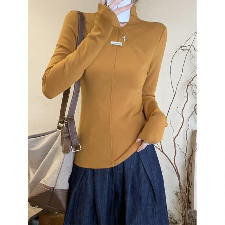 FA51855# 韩系半高领贴牌小标长袖t恤女冬季新款磨毛薄绒休闲百搭打底上衣 服裝批發女裝批發服飾貨源