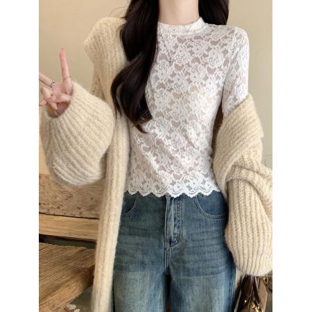 FA51856# 法式蕾丝小衫独特别致设计感打底衫女冬季新款内搭修身显瘦小上衣 服裝批發女裝批發服飾貨源