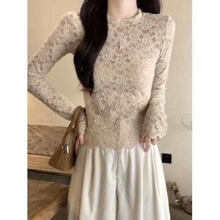 FA51856# 法式蕾丝小衫独特别致设计感打底衫女冬季新款内搭修身显瘦小上衣 服裝批發女裝批發服飾貨源