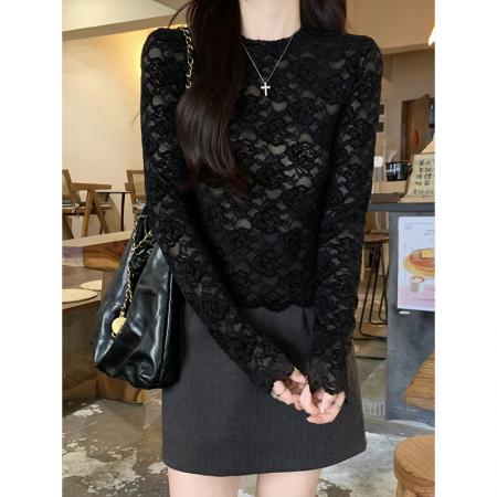 FA51856# 法式蕾丝小衫独特别致设计感打底衫女冬季新款内搭修身显瘦小上衣 服裝批發女裝批發服飾貨源