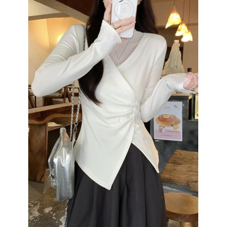 FA51857# 高级感半高领网纱拼接长袖t恤女冬季新磨毛薄绒小众独特打底上衣 服裝批發女裝批發服飾貨源