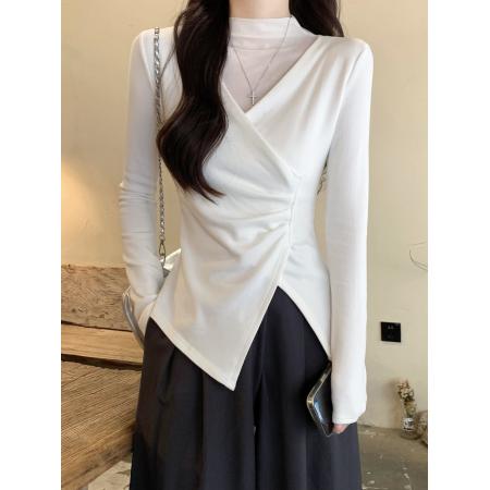 FA51857# 高级感半高领网纱拼接长袖t恤女冬季新磨毛薄绒小众独特打底上衣 服裝批發女裝批發服飾貨源