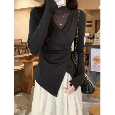 FA51857# 高级感半高领网纱拼接长袖t恤女冬季新磨毛薄绒小众独特打底上衣 服裝批發女裝批發服飾貨源