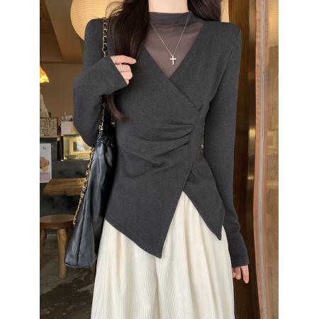 FA51857# 高级感半高领网纱拼接长袖t恤女冬季新磨毛薄绒小众独特打底上衣 服裝批發女裝批發服飾貨源