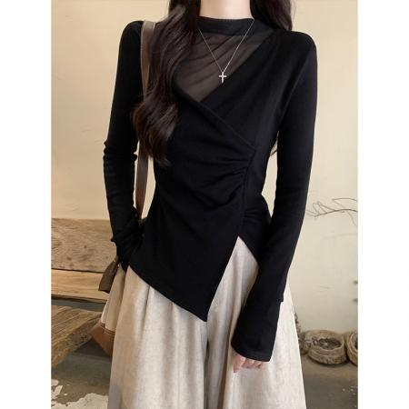 FA51857# 高级感半高领网纱拼接长袖t恤女冬季新磨毛薄绒小众独特打底上衣 服裝批發女裝批發服飾貨源