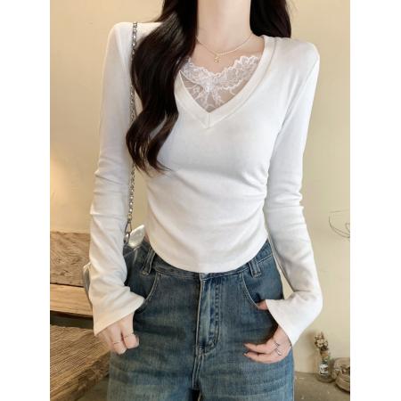 FA51858# 纯欲蕾丝拼接设计V领加绒长袖t恤女冬季新款辣妹褶皱收腰显瘦上衣 服裝批發女裝批發服飾貨源