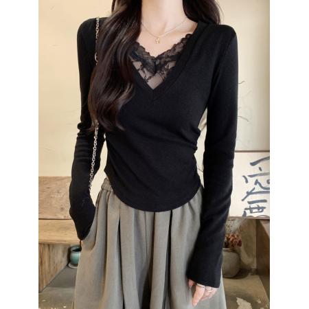 FA51858# 纯欲蕾丝拼接设计V领加绒长袖t恤女冬季新款辣妹褶皱收腰显瘦上衣 服裝批發女裝批發服飾貨源