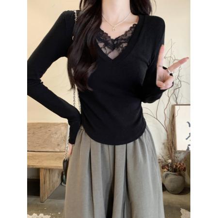 FA51858# 纯欲蕾丝拼接设计V领加绒长袖t恤女冬季新款辣妹褶皱收腰显瘦上衣 服裝批發女裝批發服飾貨源