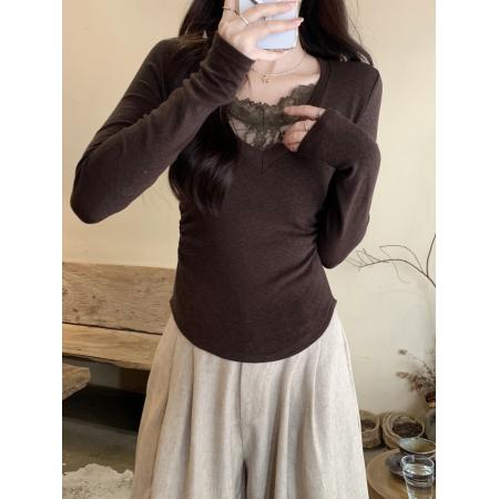 FA51858# 纯欲蕾丝拼接设计V领加绒长袖t恤女冬季新款辣妹褶皱收腰显瘦上衣 服裝批發女裝批發服飾貨源