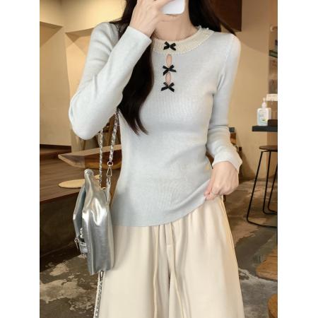FA51859# 韩系蕾丝拼接圆领蝴蝶结针织毛衣女冬季新款修身气质内搭绝美上衣 服裝批發女裝批發服飾貨源