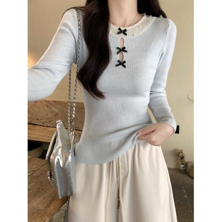 FA51859# 韩系蕾丝拼接圆领蝴蝶结针织毛衣女冬季新款修身气质内搭绝美上衣 服裝批發女裝批發服飾貨源