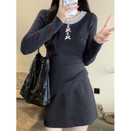 FA51859# 韩系蕾丝拼接圆领蝴蝶结针织毛衣女冬季新款修身气质内搭绝美上衣 服裝批發女裝批發服飾貨源