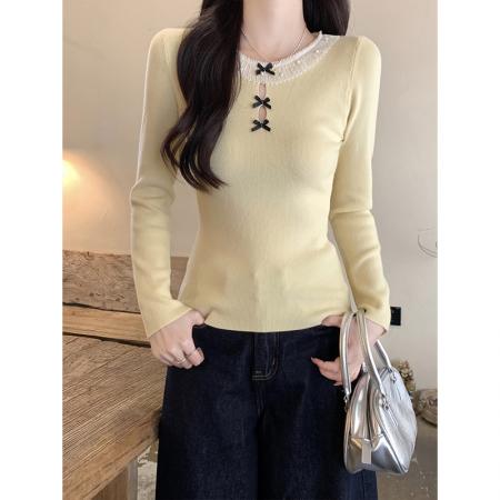 FA51859# 韩系蕾丝拼接圆领蝴蝶结针织毛衣女冬季新款修身气质内搭绝美上衣 服裝批發女裝批發服飾貨源