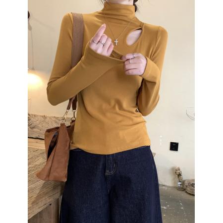 FA51860# 半高领薄绒打底衫女镂空长袖冬季新款内搭修身高级感正肩上衣 服裝批發女裝批發服飾貨源