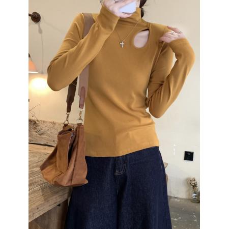 FA51860# 半高领薄绒打底衫女镂空长袖冬季新款内搭修身高级感正肩上衣 服裝批發女裝批發服飾貨源