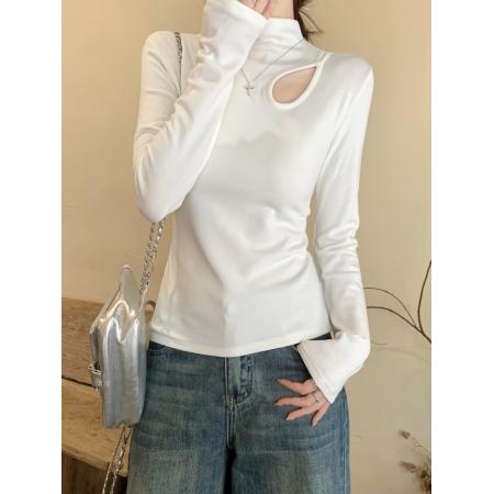 FA51860# 半高领薄绒打底衫女镂空长袖冬季新款内搭修身高级感正肩上衣 服裝批發女裝批發服飾貨源