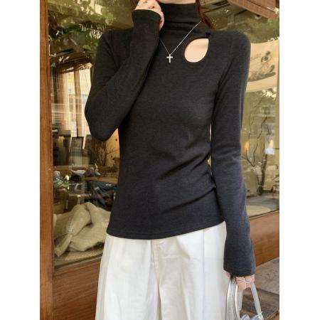 FA51860# 半高领薄绒打底衫女镂空长袖冬季新款内搭修身高级感正肩上衣 服裝批發女裝批發服飾貨源