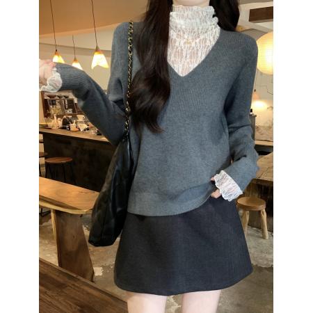 FA51861# 高级感气质蕾丝假两件长袖针织衫女冬季新款洋气时髦毛衣上衣 服裝批發女裝批發服飾貨源