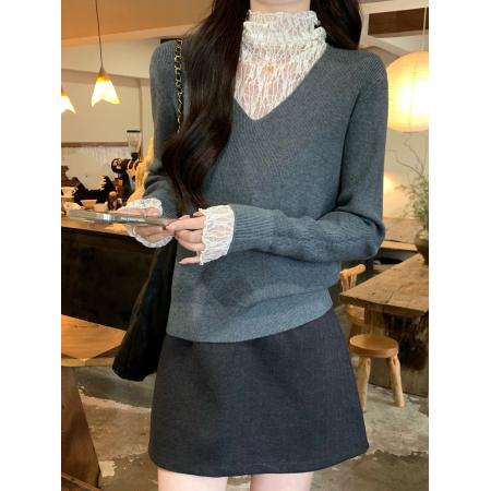 FA51861# 高级感气质蕾丝假两件长袖针织衫女冬季新款洋气时髦毛衣上衣 服裝批發女裝批發服飾貨源