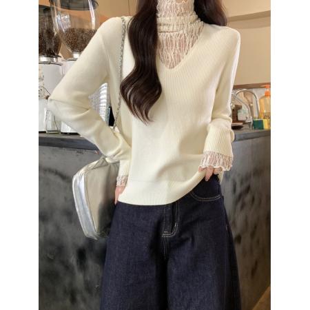 FA51861# 高级感气质蕾丝假两件长袖针织衫女冬季新款洋气时髦毛衣上衣 服裝批發女裝批發服飾貨源