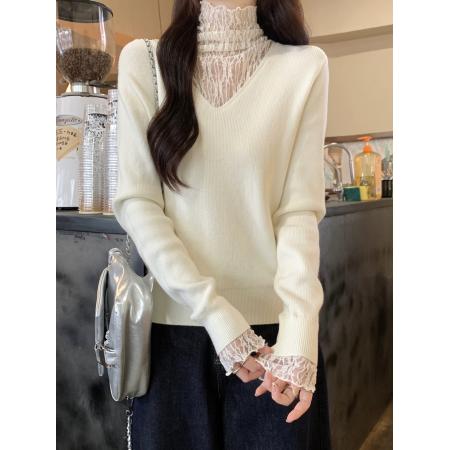 FA51861# 高级感气质蕾丝假两件长袖针织衫女冬季新款洋气时髦毛衣上衣 服裝批發女裝批發服飾貨源