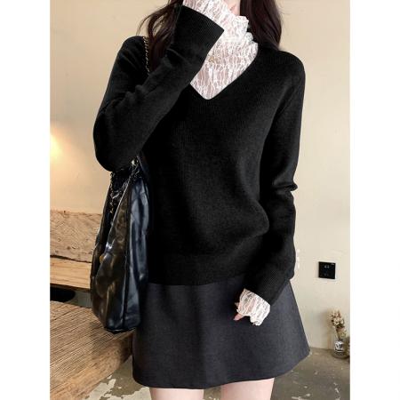 FA51861# 高级感气质蕾丝假两件长袖针织衫女冬季新款洋气时髦毛衣上衣 服裝批發女裝批發服飾貨源