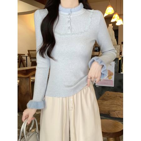 蕾丝花边纽扣毛毛拼接长袖针织毛衣女冬季新款温柔气质打底衫上衣 服裝批發女裝批發服飾貨源