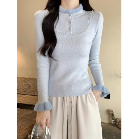 FA51862# 蕾丝花边纽扣毛毛拼接长袖针织毛衣女冬季新款温柔气质打底衫上衣 服裝批發女裝批發服飾貨源