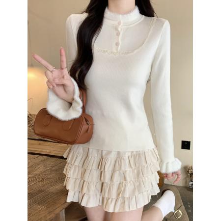 FA51862# 蕾丝花边纽扣毛毛拼接长袖针织毛衣女冬季新款温柔气质打底衫上衣 服裝批發女裝批發服飾貨源