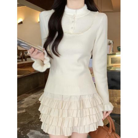 FA51862# 蕾丝花边纽扣毛毛拼接长袖针织毛衣女冬季新款温柔气质打底衫上衣 服裝批發女裝批發服飾貨源