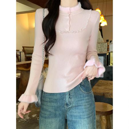 FA51862# 蕾丝花边纽扣毛毛拼接长袖针织毛衣女冬季新款温柔气质打底衫上衣 服裝批發女裝批發服飾貨源