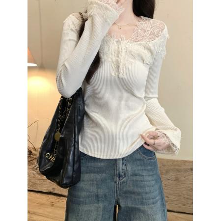 FA51863# 蕾丝纽扣拼接V领长袖t恤女冬季新款褶皱收腰显瘦温柔风打底衫上衣 服裝批發女裝批發服飾貨源