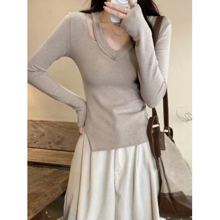 FA51864# 小众设计感辣妹镂空V领长袖t恤女冬季新款磨毛薄绒修身打底衫上衣 服裝批發女裝批發服飾貨源