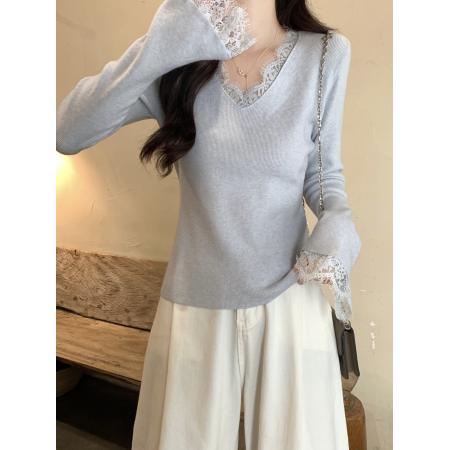 FA51865# 蕾丝花边拼接V领针织毛衣女冬季新款修身显瘦温柔风内搭打底上衣 服裝批發女裝批發服飾貨源