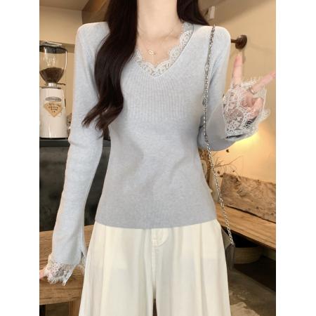 FA51865# 蕾丝花边拼接V领针织毛衣女冬季新款修身显瘦温柔风内搭打底上衣 服裝批發女裝批發服飾貨源