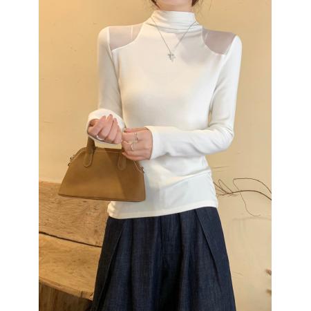 FA51866# 设计感白色网纱拼接半高领长袖t恤女冬季磨毛内搭修身打底衫上衣 服裝批發女裝批發服飾貨源