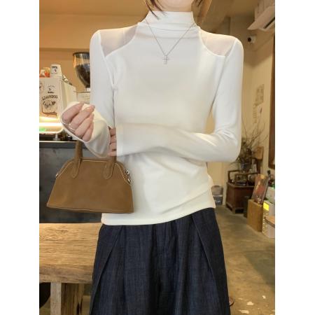 FA51866# 设计感白色网纱拼接半高领长袖t恤女冬季磨毛内搭修身打底衫上衣 服裝批發女裝批發服飾貨源