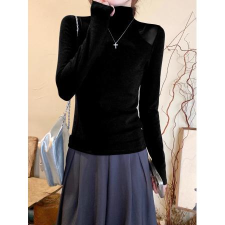 FA51866# 设计感白色网纱拼接半高领长袖t恤女冬季磨毛内搭修身打底衫上衣 服裝批發女裝批發服飾貨源