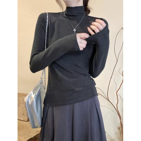 FA51866# 设计感白色网纱拼接半高领长袖t恤女冬季磨毛内搭修身打底衫上衣 服裝批發女裝批發服飾貨源