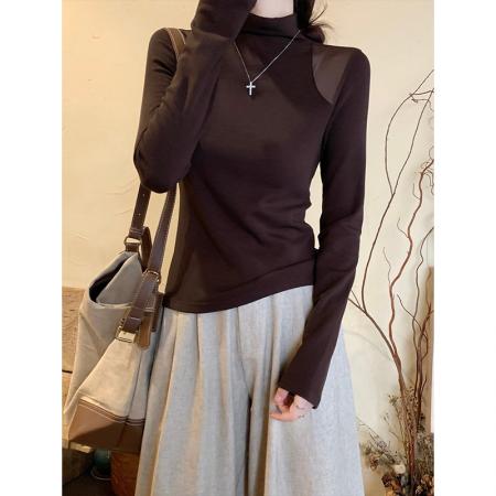 FA51866# 设计感白色网纱拼接半高领长袖t恤女冬季磨毛内搭修身打底衫上衣 服裝批發女裝批發服飾貨源