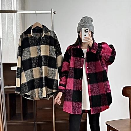 FA51867# 撞色格子毛呢外套女冬季新款小个子韩系宽松呢子大衣 服裝批發女裝批發服飾貨源
