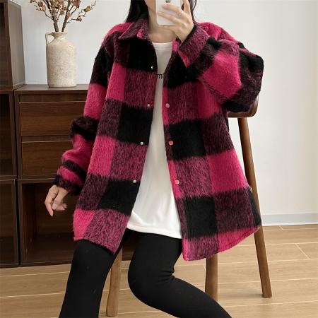 FA51867# 撞色格子毛呢外套女冬季新款小个子韩系宽松呢子大衣 服裝批發女裝批發服飾貨源