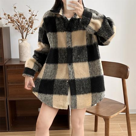 FA51867# 撞色格子毛呢外套女冬季新款小个子韩系宽松呢子大衣 服裝批發女裝批發服飾貨源