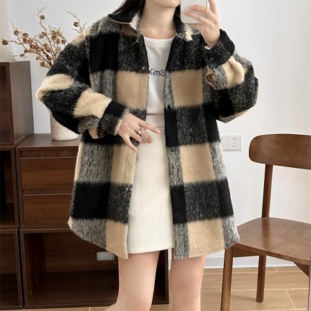FA51867# 撞色格子毛呢外套女冬季新款小个子韩系宽松呢子大衣 服裝批發女裝批發服飾貨源