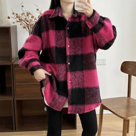FA51867# 撞色格子毛呢外套女冬季新款小个子韩系宽松呢子大衣 服裝批發女裝批發服飾貨源