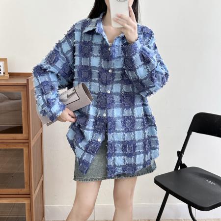 FA51868# 棋盘格蓝色格子衬衫女设计感小众春秋女装衬衣上衣外套 服裝批發女裝批發服飾貨源