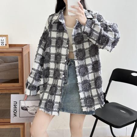 FA51868# 棋盘格蓝色格子衬衫女设计感小众春秋女装衬衣上衣外套 服裝批發女裝批發服飾貨源